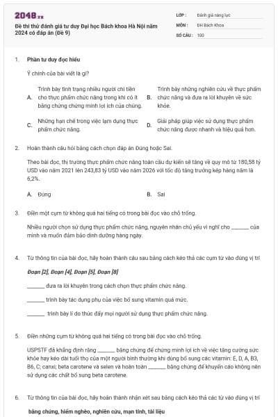 Đề thi thử đánh giá tư duy Đại học Bách khoa Hà Nội năm 2024 có đáp án (Đề 9)