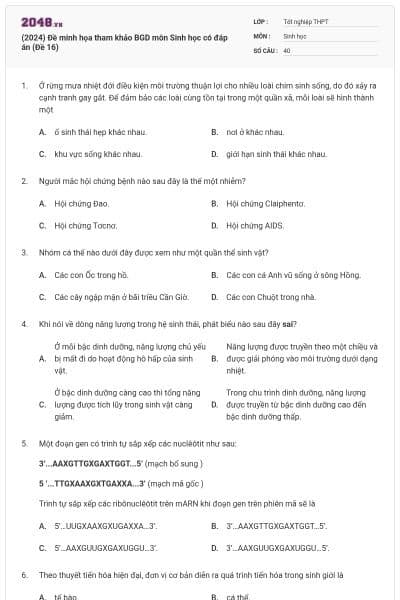 (2024) Đề minh họa tham khảo BGD môn Sinh học có đáp án (Đề 16)