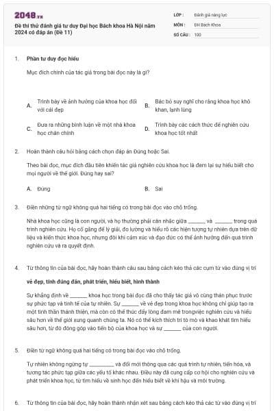Đề thi thử đánh giá tư duy Đại học Bách khoa Hà Nội năm 2024 có đáp án (Đề 11)