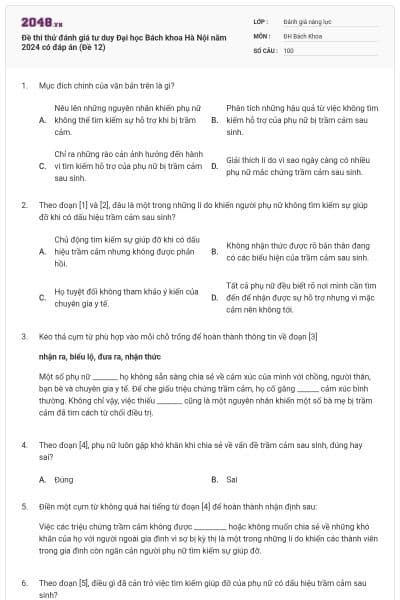 Đề thi thử đánh giá tư duy Đại học Bách khoa Hà Nội năm 2024 có đáp án (Đề 12)