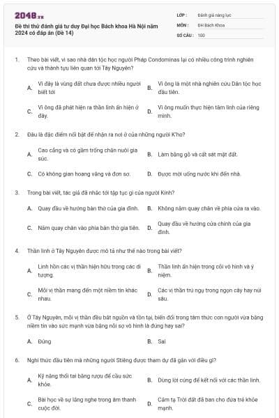 Đề thi thử đánh giá tư duy Đại học Bách khoa Hà Nội năm 2024 có đáp án (Đề 14)