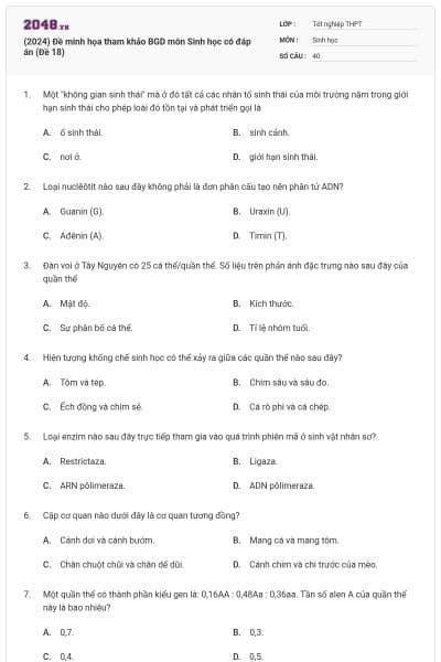 (2024) Đề minh họa tham khảo BGD môn Sinh học có đáp án (Đề 18)