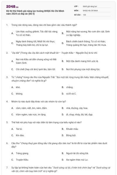 Đề thi thử Đánh giá năng lực trường ĐHQG Hồ Chí Minh năm 2024 có đáp án (Đề 5)