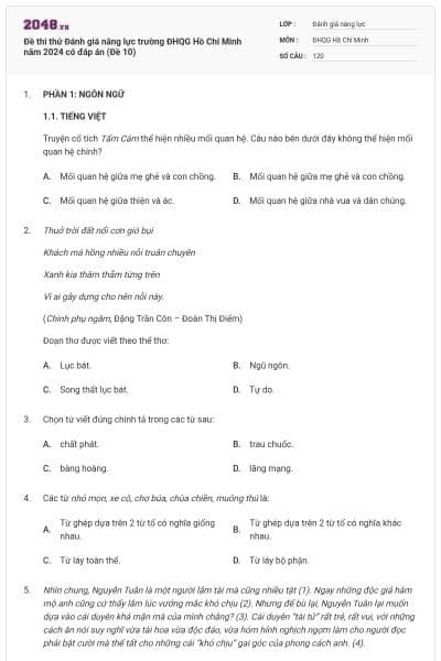 Đề thi thử Đánh giá năng lực trường ĐHQG Hồ Chí Minh năm 2024 có đáp án (Đề 10)