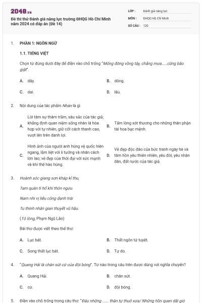 Đề thi thử Đánh giá năng lực trường ĐHQG Hồ Chí Minh năm 2024 có đáp án (Đề 14)