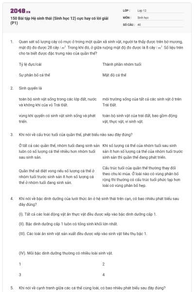 150 Bài tập Hệ sinh thái (Sinh học 12) cực hay có lời giải (P1)