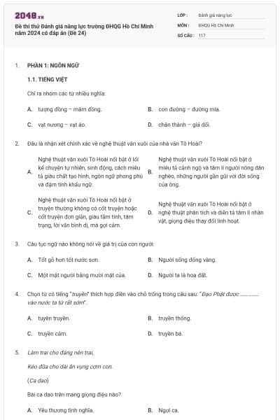 Đề thi thử Đánh giá năng lực trường ĐHQG Hồ Chí Minh năm 2024 có đáp án (Đề 24)