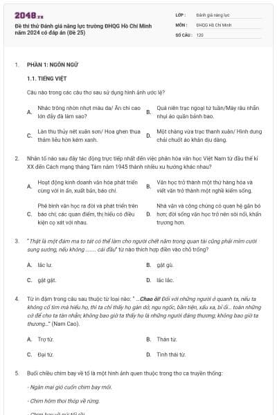 Đề thi thử Đánh giá năng lực trường ĐHQG Hồ Chí Minh năm 2024 có đáp án (Đề 25)