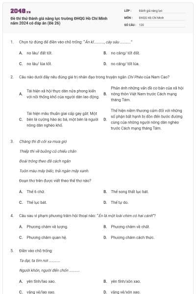 Đề thi thử Đánh giá năng lực trường ĐHQG Hồ Chí Minh năm 2024 có đáp án (Đề 26)