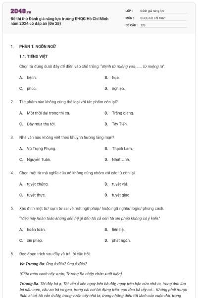 Đề thi thử Đánh giá năng lực trường ĐHQG Hồ Chí Minh năm 2024 có đáp án (Đề 28)