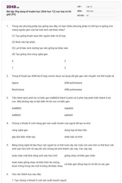 Bài tập Ứng dụng di truyền học (Sinh học 12) cực hay có lời giải (P5)