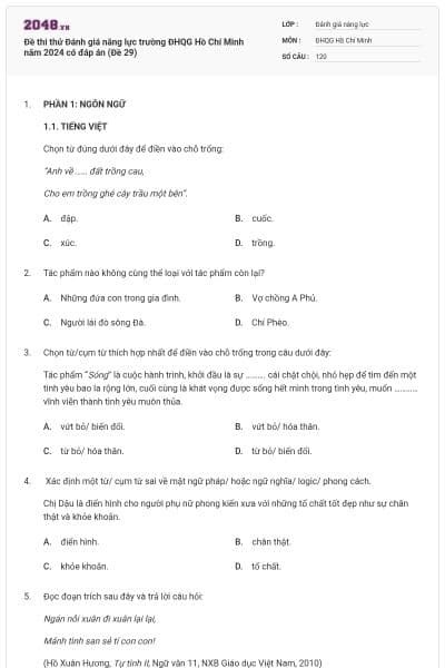 Đề thi thử Đánh giá năng lực trường ĐHQG Hồ Chí Minh năm 2024 có đáp án (Đề 29)