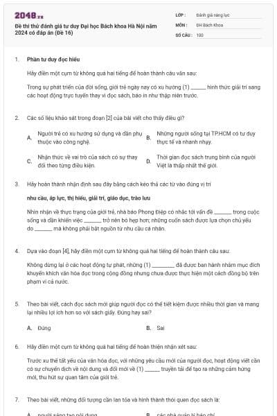 Đề thi thử đánh giá tư duy Đại học Bách khoa Hà Nội năm 2024 có đáp án (Đề 16)