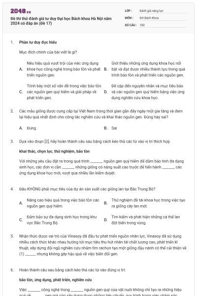 Đề thi thử đánh giá tư duy Đại học Bách khoa Hà Nội năm 2024 có đáp án (Đề 17)