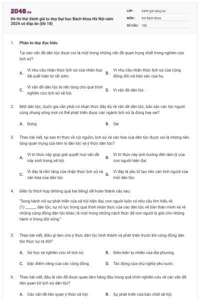 Đề thi thử đánh giá tư duy Đại học Bách khoa Hà Nội năm 2024 có đáp án (Đề 18)