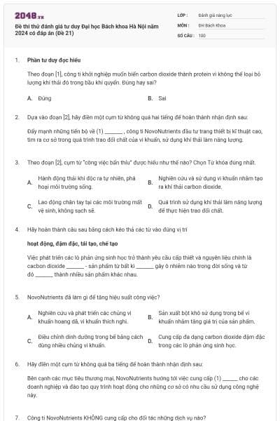 Đề thi thử đánh giá tư duy Đại học Bách khoa Hà Nội năm 2024 có đáp án (Đề 21)