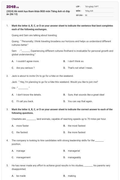 (2024) Đề minh họa tham khảo BGD môn Tiếng Anh có đáp án (Đề 13)