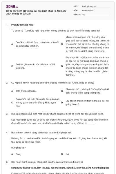 Đề thi thử đánh giá tư duy Đại học Bách khoa Hà Nội năm 2024 có đáp án (Đề 22)