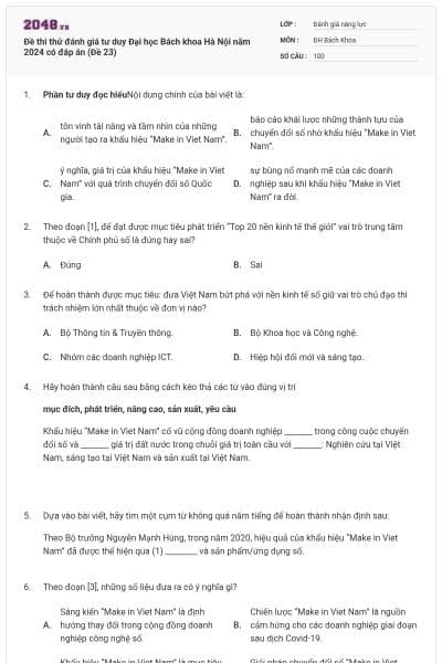 Đề thi thử đánh giá tư duy Đại học Bách khoa Hà Nội năm 2024 có đáp án (Đề 23)