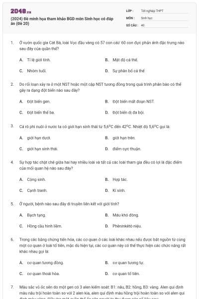 (2024) Đề minh họa tham khảo BGD môn Sinh học có đáp án (Đề 20)