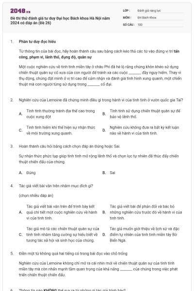 Đề thi thử đánh giá tư duy Đại học Bách khoa Hà Nội năm 2024 có đáp án (Đề 26)