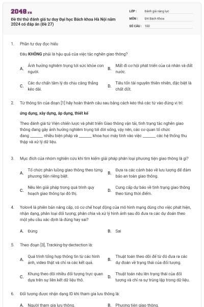 Đề thi thử đánh giá tư duy Đại học Bách khoa Hà Nội năm 2024 có đáp án (Đề 27)