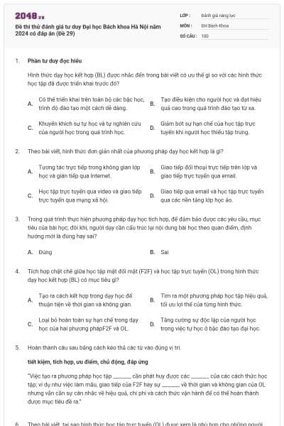 Đề thi thử đánh giá tư duy Đại học Bách khoa Hà Nội năm 2024 có đáp án (Đề 29)