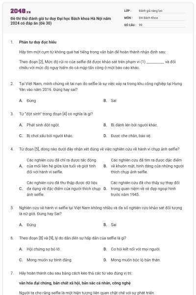 Đề thi thử đánh giá tư duy Đại học Bách khoa Hà Nội năm 2024 có đáp án (Đề 30)