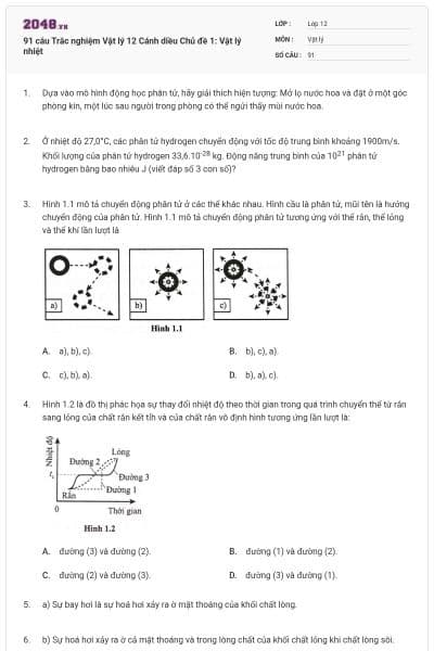91 câu Trắc nghiệm Vật lý 12 Cánh diều Chủ đề 1: Vật lý nhiệt