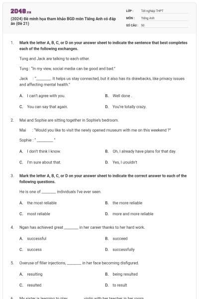 (2024) Đề minh họa tham khảo BGD môn Tiếng Anh có đáp án (Đề 21)