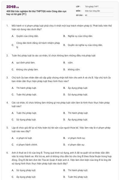 400 Bài trắc nghiệm thi thử THPTQG môn Công dân cực hay có lời giải (P1)