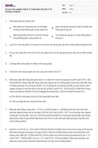 62 câu Trắc nghiệm Vật lý 12 Cánh diều Chủ đề 3: Từ trường có đáp án