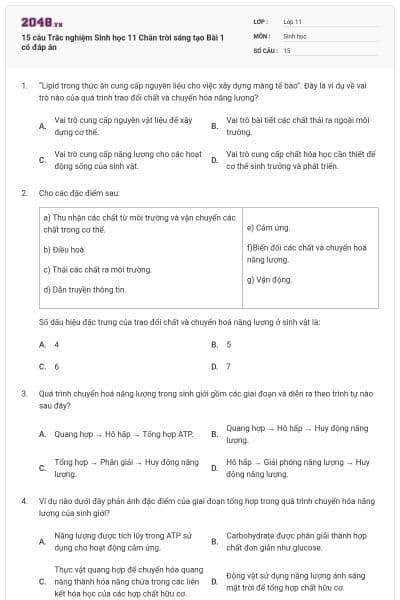 15 câu Trắc nghiệm Sinh học 11 Chân trời sáng tạo Bài 1 có đáp án