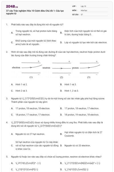 37 câu Trắc nghiệm Hóa 10 Cánh diều Chủ đề 1: Cấu tạo nguyên tử
