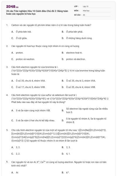26 câu Trắc nghiệm Hóa 10 Cánh diều Chủ đề 2: Bảng tuần hoàn các nguyên tố hóa học