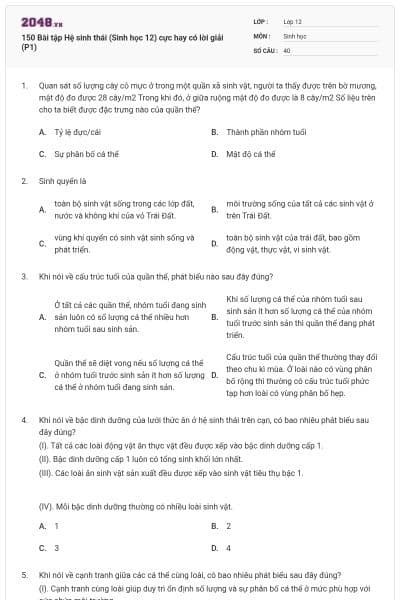 150 Bài tập Hệ sinh thái (Sinh học 12) cực hay có lời giải (P1)