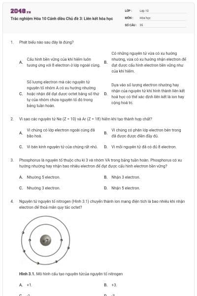 Trắc nghiệm Hóa 10 Cánh diều Chủ đề 3: Liên kết hóa học
