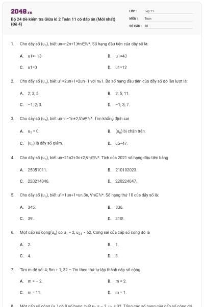 Bộ 24 Đề kiểm tra Giữa kì 2 Toán 11 có đáp án (Mới nhất) (Đề 4)