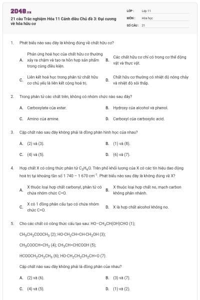 21 câu Trắc nghiệm Hóa 11 Cánh diều Chủ đề 3: Đại cương về hóa hữu cơ