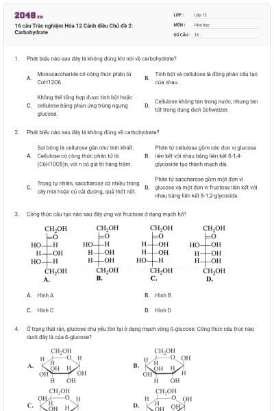 16 câu Trắc nghiệm Hóa 12 Cánh diều Chủ đề 2: Carbohydrate