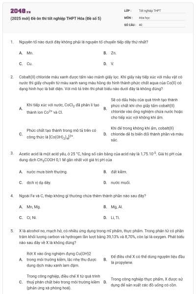 (2025 mới) Đề ôn thi tốt nghiệp THPT Hóa (Đề số 5)