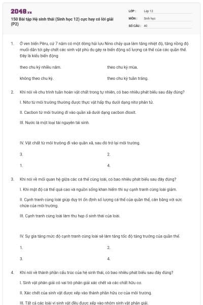 150 Bài tập Hệ sinh thái (Sinh học 12) cực hay có lời giải (P2)