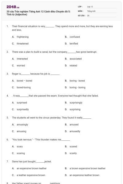 20 câu Trắc nghiệm Tiếng Anh 12 Cánh diều Chuyên đề 5: Tính từ (Adjective)