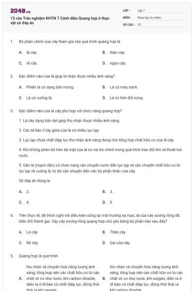 15 câu Trắc nghiệm KHTN 7 Cánh diều Quang hợp ở thực vật có đáp án