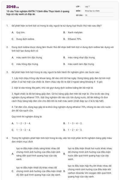 10 câu Trắc nghiệm KHTN 7 Cánh diều Thực hành ở quang hợp có cây xanh có đáp án