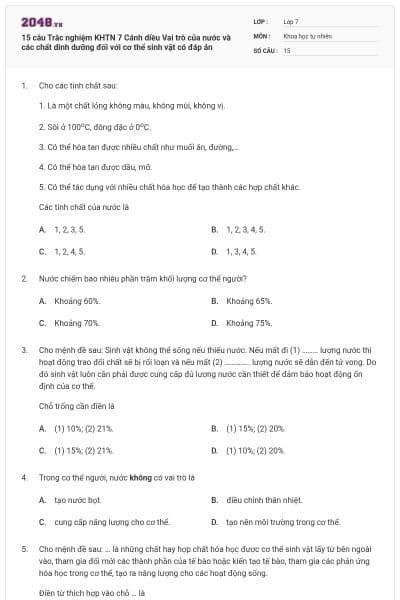 15 câu Trắc nghiệm KHTN 7 Cánh diều Vai trò của nước và các chất dinh dưỡng đối với cơ thể sinh vật có đáp án