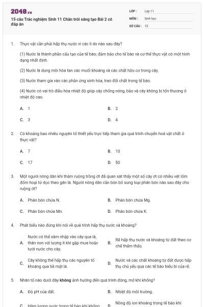 15 câu Trắc nghiệm Sinh 11 Chân trời sáng tạo Bài 2 có đáp án