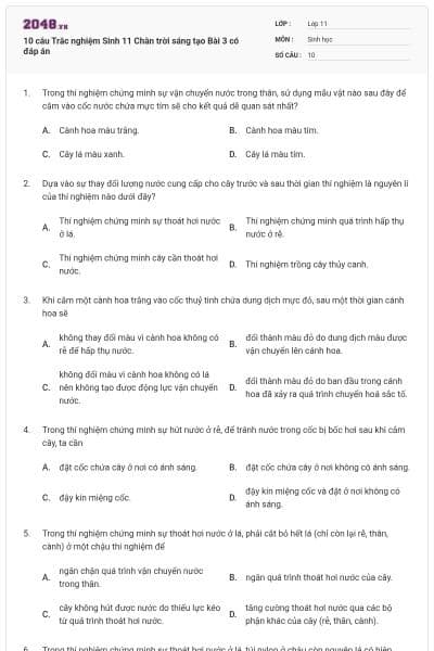 10 câu Trắc nghiệm Sinh 11 Chân trời sáng tạo Bài 3 có đáp án