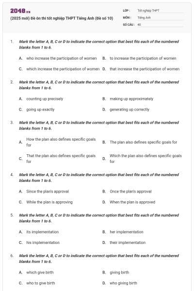 (2025 mới) Đề ôn thi tốt nghiệp THPT Tiếng Anh (Đề số 10)