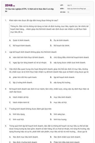 10 Câu trắc nghiệm KTPL 12 Kết nối tri thức Bài 5 có đáp án